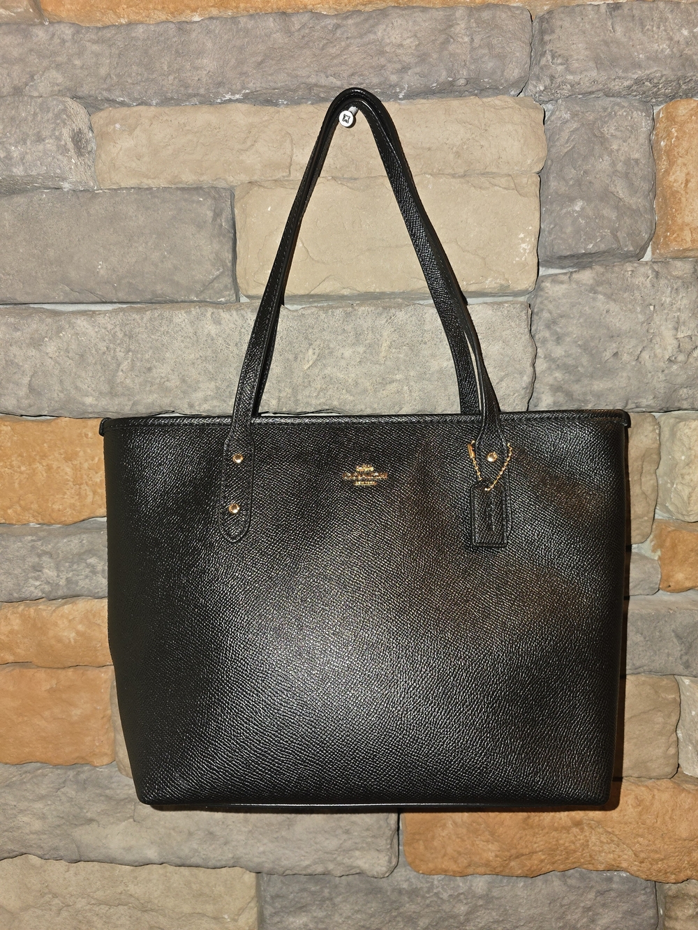 COACH 22967 City Mini Tote Black Crossgrain Leather Shoulder Bag Gold Hardware
